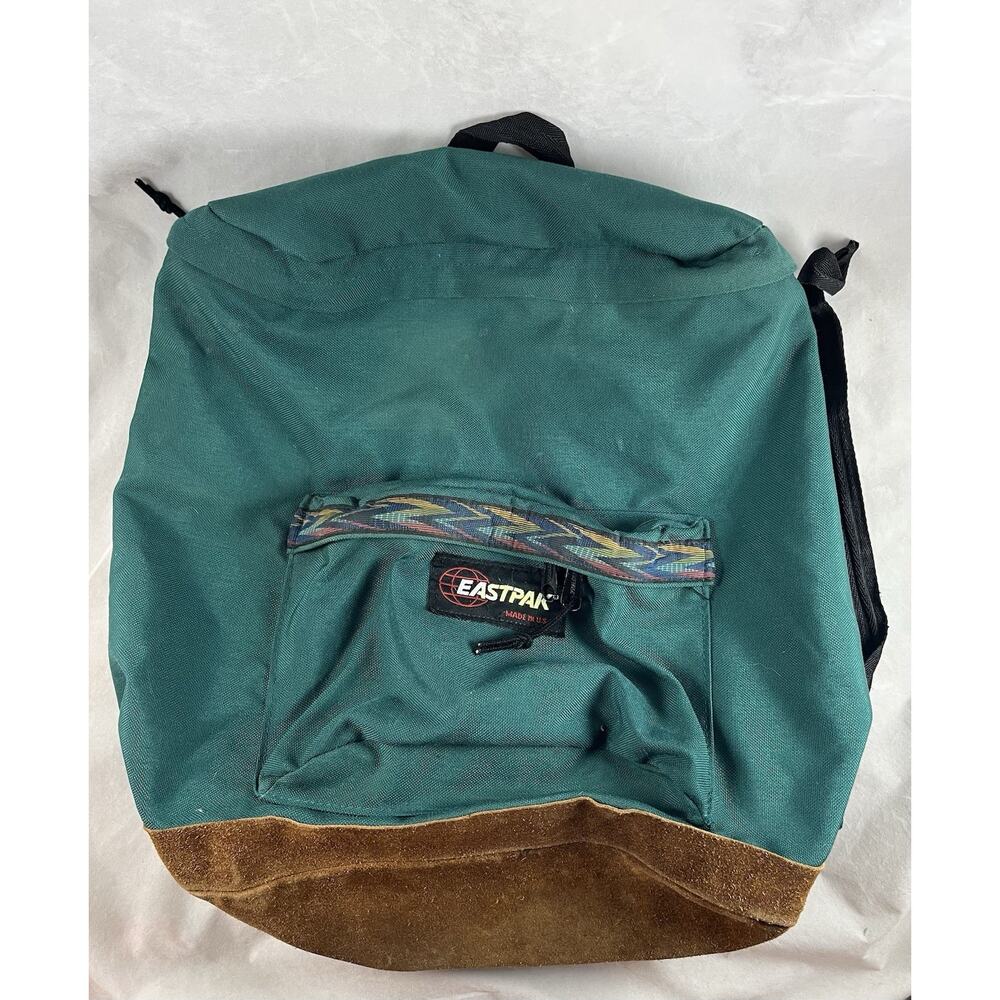 Eastpak Backpack Made In USA Green Leather Suede Bottom Vintage